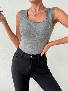 Chiquease Women Solid Color Round Neck Sleeveless Simple Casual Top - Dark Grey - View 3