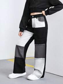 SHEIN Explorewe Tween Girls' Furry Y2K Patchwork Long Denim Jeans - Black and White - View 5