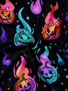 SHEIN Abito casual sportivo da ragazza per autunno, Ognissanti, elegante e carino, con stampa colorata a fiamma viola e zucca, per festa di Ognissanti