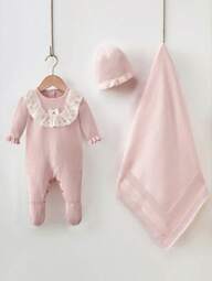 Baby Girls' Cotton Casual Elegant Lace Ruffle Hooded Sweater, Suitable For Spring/Autumn, Cute Bow Lace Knit Jumpsuit Jumpsuit For Newborn Baby Shower, 100 Days Party, 1st Birthday Party, Daily Wear, Travel