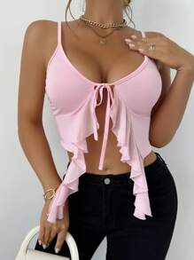 Zolique Women's Ruffle Mesh Splice Tie-Bow Camisole Top - Pink - View 3