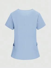 TaskEZ 女士 V 领手术服上衣 - V 领短袖护士制服手术服上衣，带 2 个口袋 - 淺藍色 - 查看 2