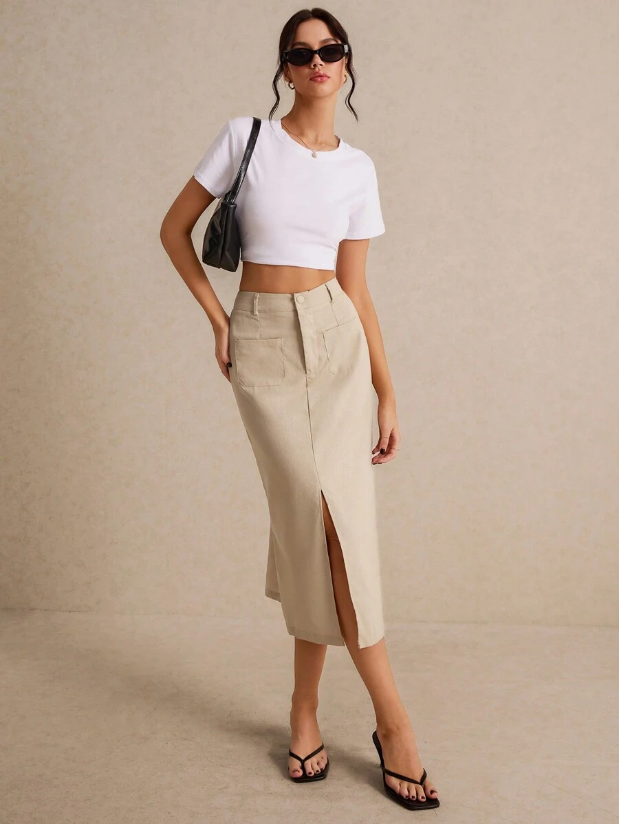 SHEIN Frenchy 素色開衩短裙不附腰帶 - 卡其色 - 查看 1