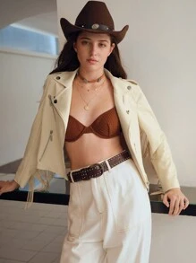 MOTF STUDIO PU LEATHER FRINGE TRIM BIKER JACKET - Apricot - View 9