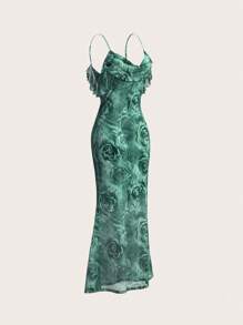 SHEIN Privé 女士优雅花卉 V 领荷叶边露背长裙、露背连衣裙、长款夏季连衣裙、热带连衣裙、绿色连衣裙、露肩连衣裙、长款女士连衣裙、波西米亚风连衣裙、优雅连衣裙、约会晚礼服、无袖连衣裙、夏威夷连衣裙、长款沙滩裙、音乐会女装、优雅晚礼服，适合日常、派对、返校季、婚礼季、演出服装 - 彩色 - 查看 3