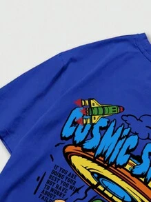 ROMWE MEN Street Life Men Alien & Slogan Graphic Tee, School - Royal Blue - View 3