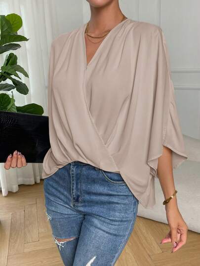 SHEIN Essnce Plus Size Women's Summer Clothes Summer Tops Fashion Casual Commuting Elegant Work Cross Wrap V-Neck Cape 7-Point Sleeves Loose White Top White Shirt