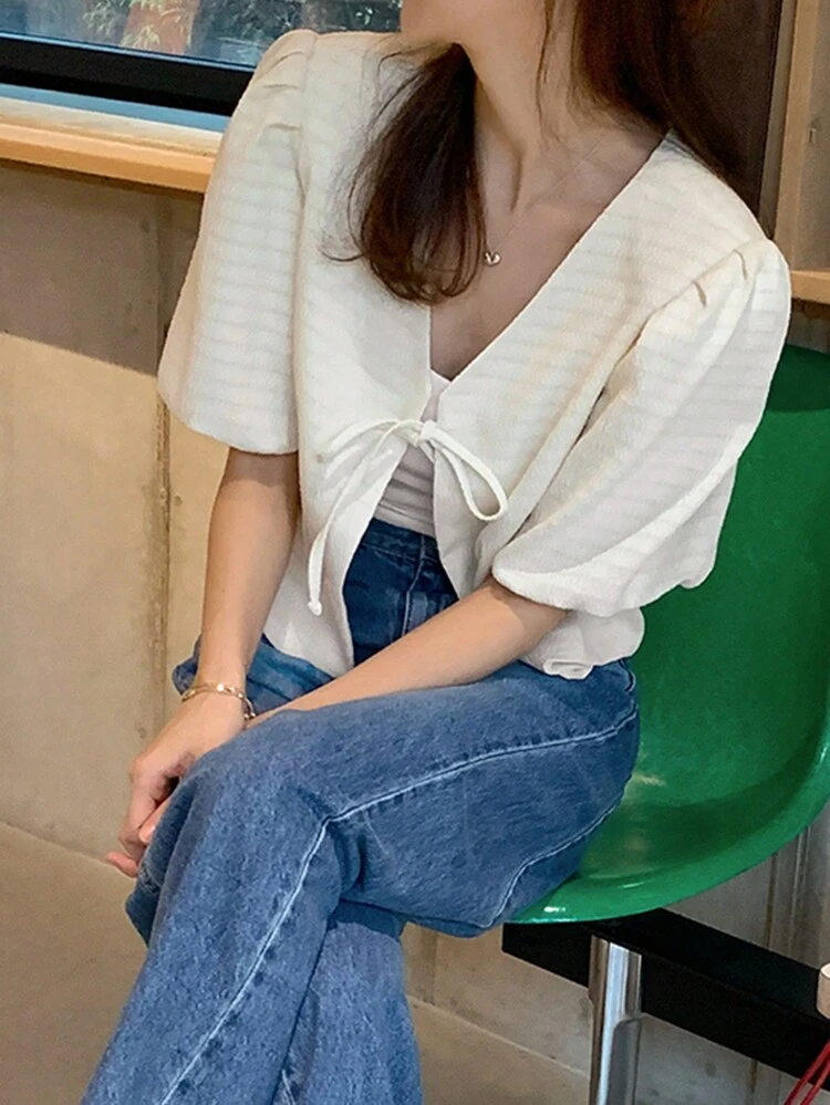 Women's Solid Color Bishop Sleeve Tie V-Neck Blouse