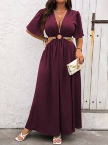 SHEIN Clasi Plus Size Crew Neck Solid Ruffle Sleeve Casual Slit Dress, Summer Maxi Women Outfit - Maroon - View 4