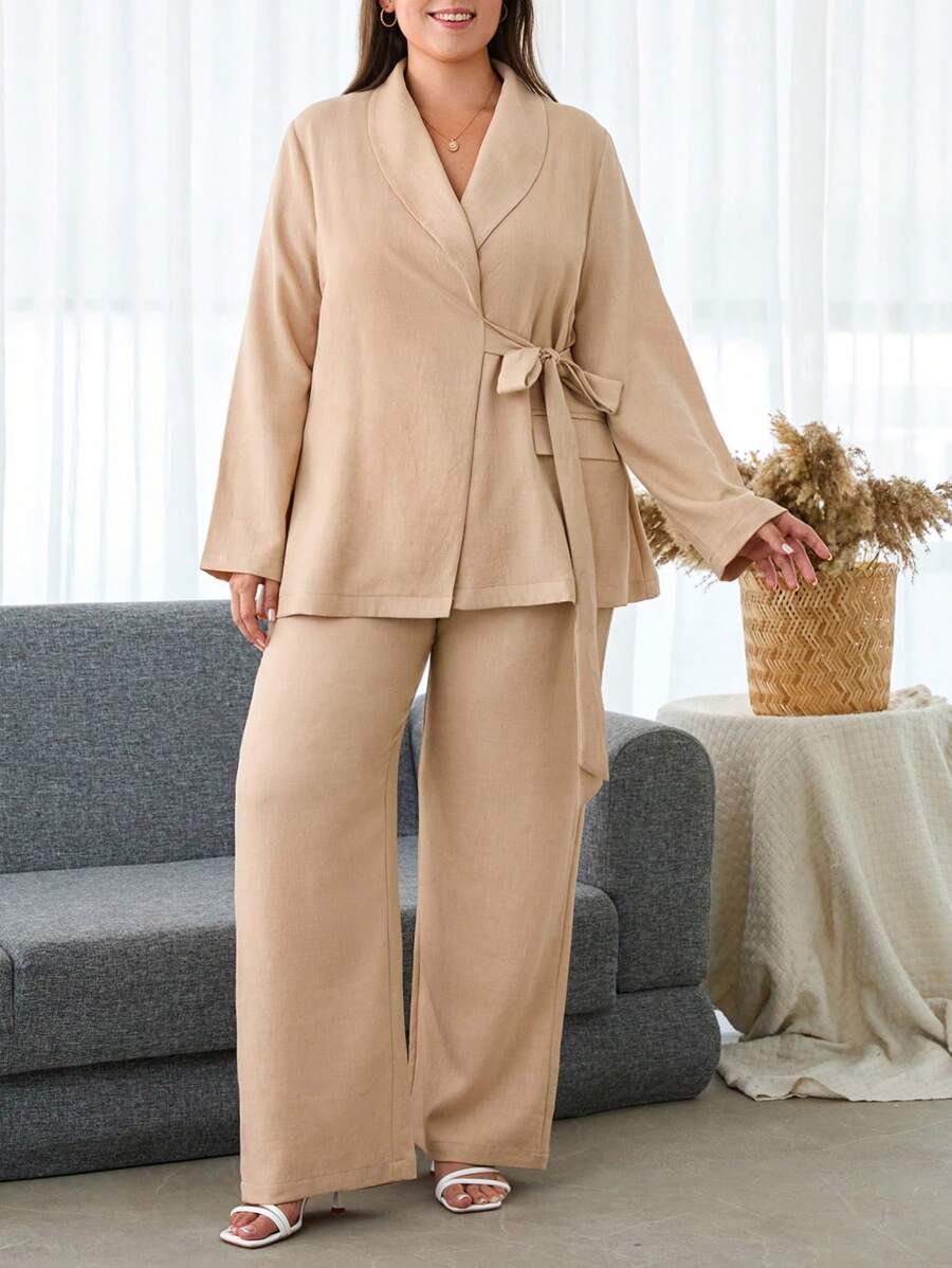 SHEIN Cottnline PLUS WOMEN COMFORT BEIGE TWO PIECES - Beige - View 1