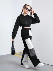 SHEIN Explorewe Tween Girls' Furry Y2K Patchwork Long Denim Jeans - Black and White - View 4