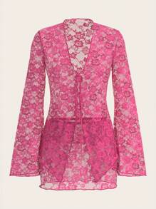SHEIN X KeniaOs SHEIN ICON 女性蕾絲鬆垂袖頭帶式上衣和低腰裙裝，2入組套裝 - 玫紅色 - 查看 4