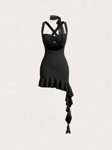 SHEIN X KeniaOs SHEIN ICON Summer Sexy Black Bodycon Dress With Front And Middle Ruched Hollow-Out Design, Ribbon And Chocker Decoration - Black - View 5