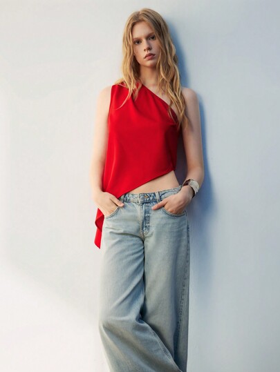 Maija Women's Red Solid Asymmetric Neck Design Top, Versatile Minimalist Urban Style Pullover Sleeveless Casual Blouse, Suitable For All Seasons And Valentine's Day,Going Out Tops,Autumn Outfits For Women, Christmas Women's Clothing