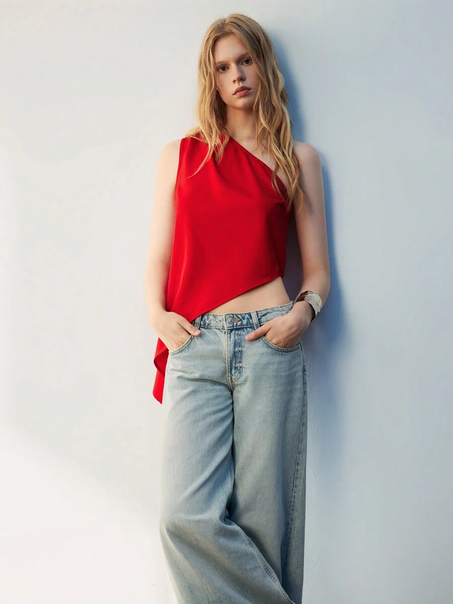 Maija Áo nữ màu đỏ trơn, thiết kế cổ bất đối xứng, kiểu dáng tối giản hiện đại, không tay, phù hợp cho mọi mùa và các dịp như Lễ Tình nhân, đi chơi, mùa thu, Giáng sinh, Lễ Thánh Patrick, Lễ Phục sinh, dự tiệc, đi biển, nghỉ lễ, tốt nghiệp. - Đỏ - Xem 1