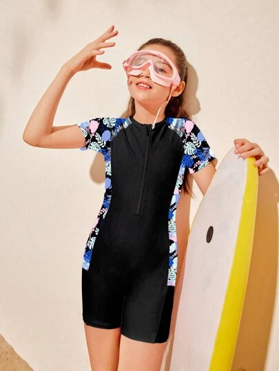 SHEIN Tween Girls Colorful Printed Patchwork Short Sleeve One-Piece Swimsuit Summer Holiday