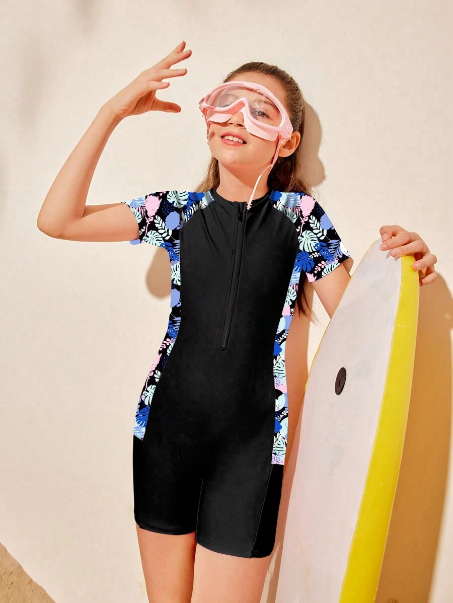SHEIN Tween Girls Colorful Printed Patchwork Short Sleeve One-Piece Swimsuit Summer Holiday