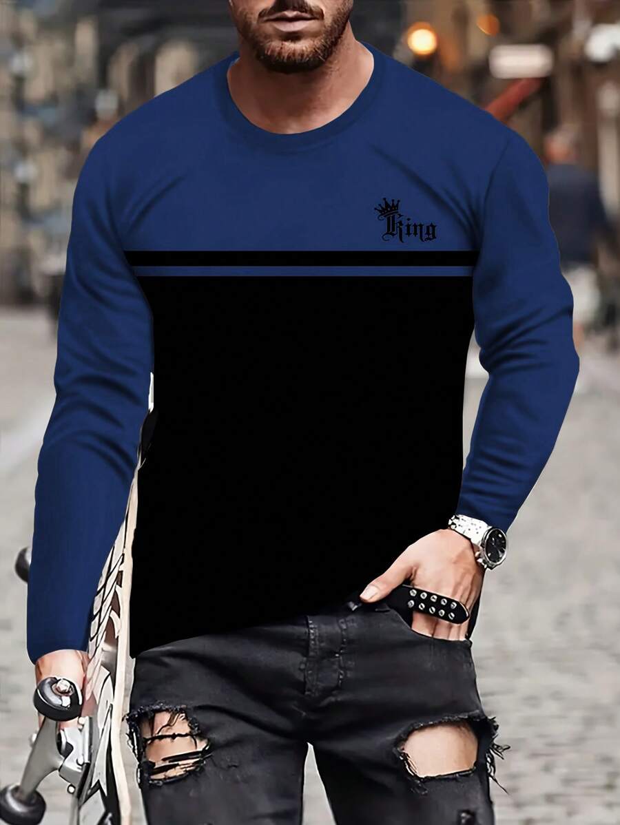 Manfinity Homme Kaos Pria Kasual Lengan Panjang Leher Bulat dengan Motif Huruf Blok Warna, Musim Semi & Musim Panas, Musim Gugur - MultiWarna - View 1