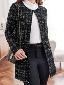 SHEIN Áo khoác midi in họa tiết kẻ caro đan cho bé gái tuổi teen - Đen và trắng - Xem 1