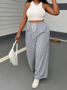 SHEIN EZwear 大码女式条纹阔腿休闲裤 - 藏蓝色 - 查看 3