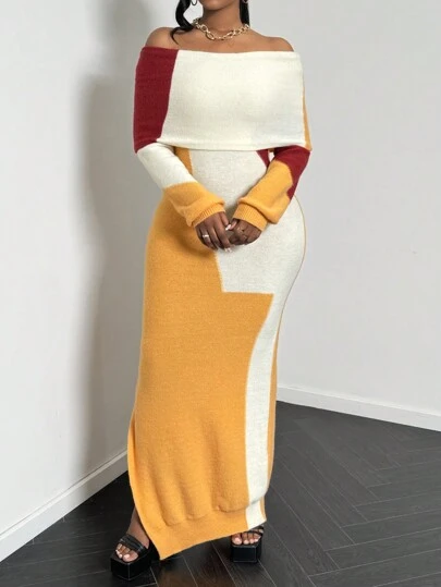 Women's Sweater Dress, Women's Long Dress, Knitted Long Sleeved One Neckline Slit, Colorful Patchwork, Sexy And Slim Fitting Friend Gatherings, Four Seasons, Autumn And Winter Women's Clothing