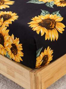 4 件套向日葵床上用品，纯色背景配向日葵图案，舒适向日葵床笠套装，女孩卧室装饰，包括床笠、床裙、2 件枕套（适合旅行）