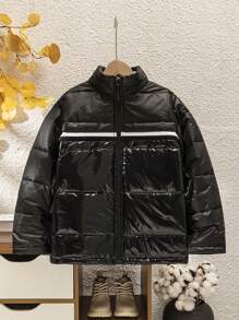 SHEIN Tween Boy's Quilted Rhombus Pattern Letter Print Padded Coat, Autumn Winter - Multicolor - View 4