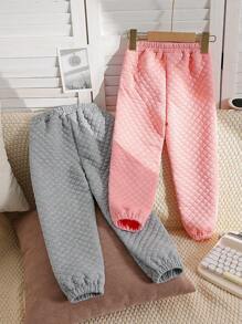 SHEIN Conjunto de calças casuais soltas com cós acolchoado de diamante para meninas, 2 peças, inverno grosso e quente