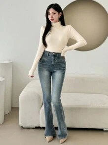 DAZY Women's Solid Color Turtleneck Long Sleeve Casual T-Shirt With Thermal Lined, Autumn Thermal Lined Thermal Lined,Winter - White - View 7