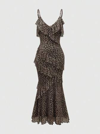 Grunge Punk Subculture Leopard Print Shibuya Girl Sexy Ruffle Hem Cami Dress For Women, For New Year