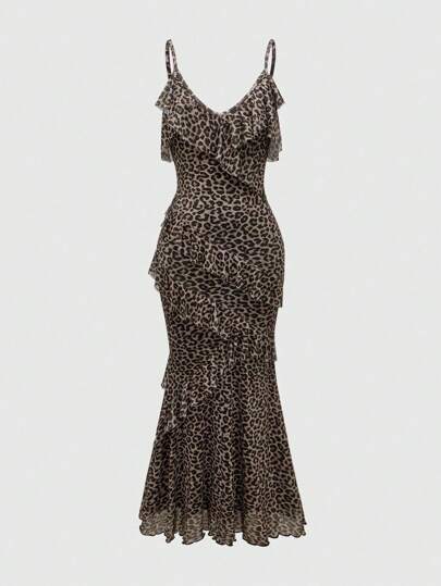 Grunge Punk Subculture Leopard Print Shibuya Girl Sexy Ruffle Hem Cami Dress For Women, For New Year