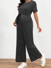 SHEIN Round Neck Striped Printed Drawstring Maternity Jumpsuit With Short Sleeves, Summer - Black and White - View 3