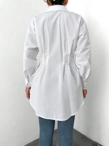 EURMUSE Cotton Drop Shoulder Fold Pleated Curved Hem Shirt - White - View 2