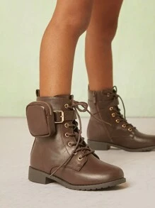 Mini mi 儿童时尚棕色系带战斗靴，带可拆卸袋，灵感来自 Proda，时尚，适合任何冒险 - 棕色 - 查看 5