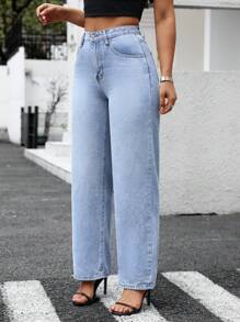 SHEIN Essnce 女士蝴蝶结印花贴袋直筒宽松休闲牛仔裤 - 淺色水洗藍 - 查看 2