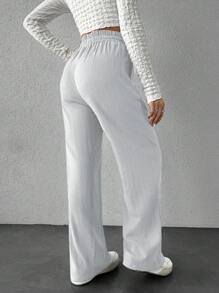 EURMUSE Casual Women's High Waist Drawstring Elastic Waist Wide Leg Pants - White - View 2