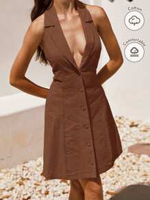 SHEIN Frenchy Khaki 100% Cotton Mini Dress, Backless Butterfly Dress, Cotton Women's Dresses, Strapless Vest Dress, Backless Dress, This Dress Features A Backless Design And Is Made From 100% Cotton, Making It An Ideal Casual Choice For A Summer Holiday - Coffee Brown - View 4