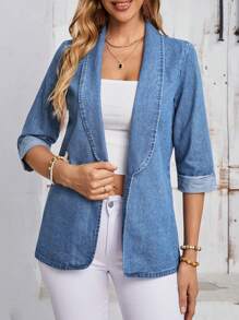 SHEIN LUNE Notch Collar Mid-Length Sleeves Casual Denim Jacket - Light Wash - View 1
