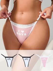 SHEIN 女式簡約印花蕾絲裝飾丁字褲