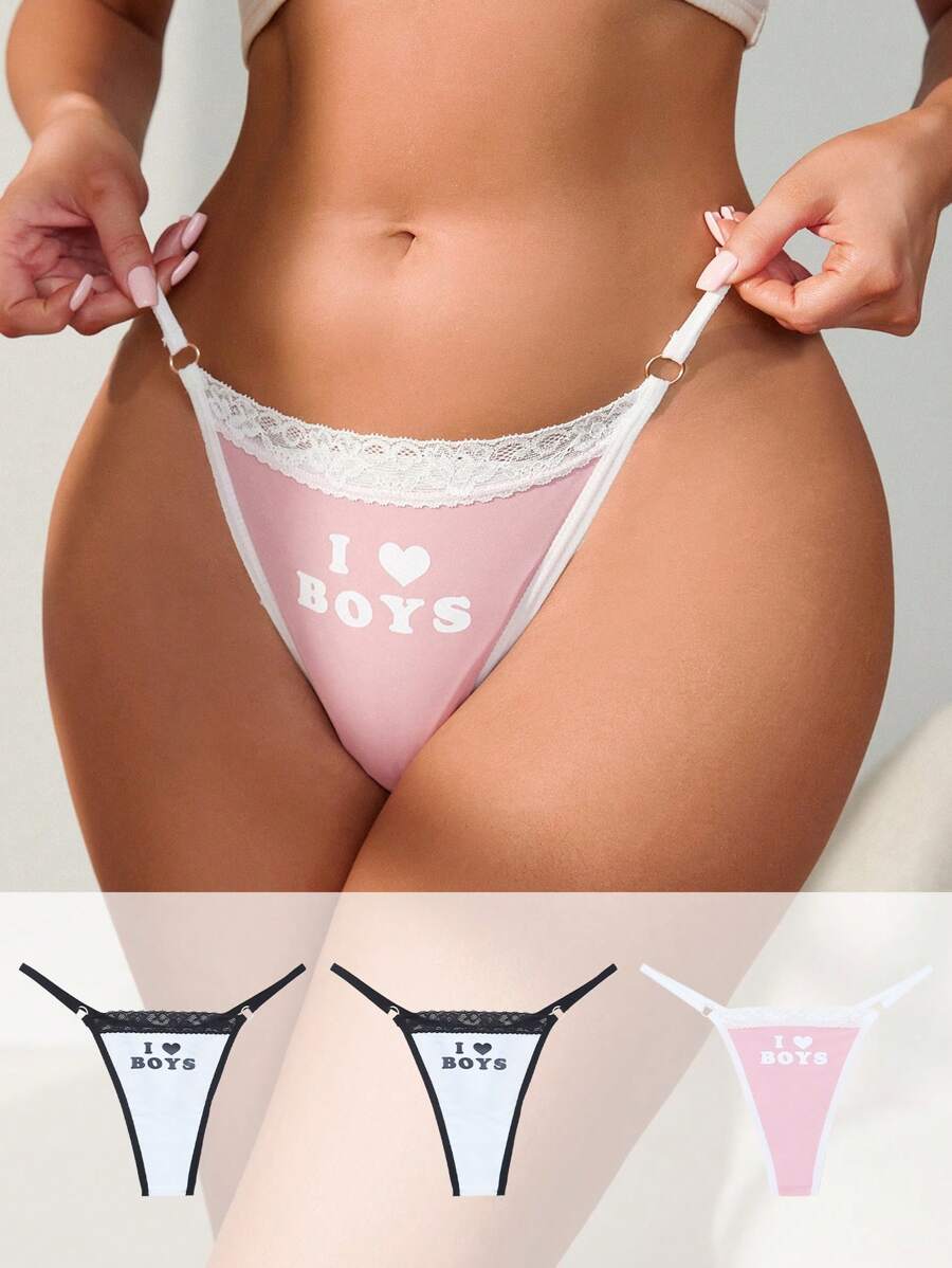 SHEIN 女式簡約印花蕾絲裝飾丁字褲