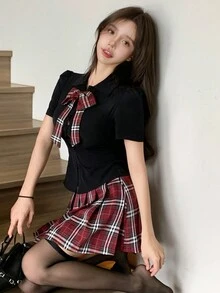 DAZY 2pcs Set Women's Bow Plaid Short Sleeve Shirt And Pleated Mini Skirt, Preppy Style Summer Outfit - Black - View 3
