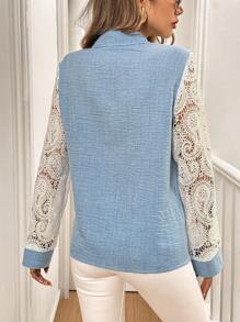 SHEIN LUNE Women's Denim Effect Contrast Lace Trim Long Sleeve Blouse (Random Print) Women Shirt Fall Cloth For Women - Blue - View 2