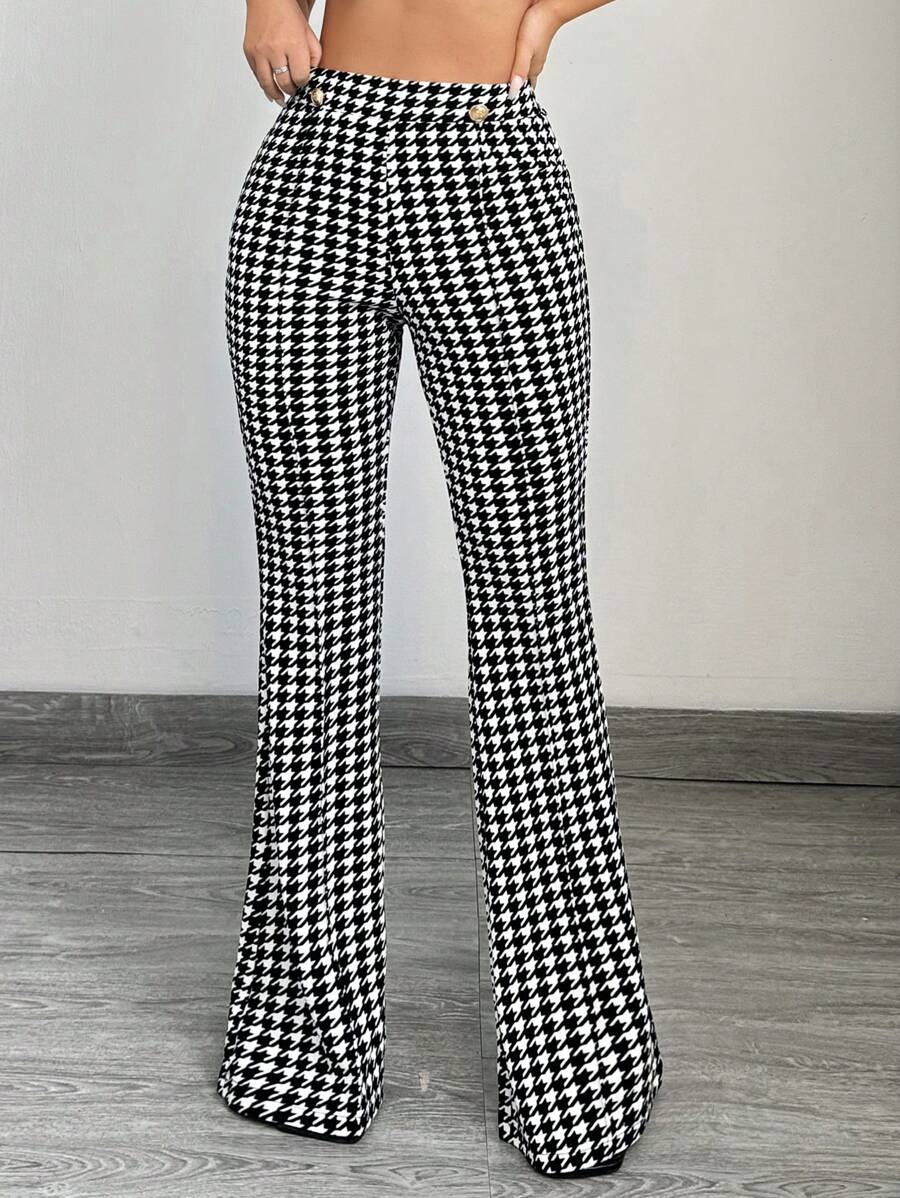 SHEIN SXY Pantalones de pierna acampanada con estampado de pata de gallo casuales y para ir al trabajo para mujeres - Gris - Ver 1