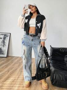 Flirla Patchwork Short Plush Casual Letterman Jacket