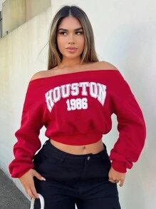 SHEIN SXY Plus Size Winter Spring Off Shoulder Letter Print Women's Short Sweatshirt Fall Autumn - Red and White - View 1