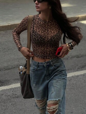Damen sexy Leoparden-Muster Mesh figurbetontes Langarmoberteil, Street-Style Y2K Party-Outfit, Frühling/Sommer