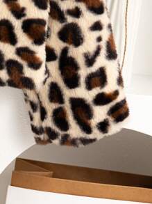 SHEIN Young Girl Plush Leopard Print Winter Jacket And Hat Set - Apricot - View 7