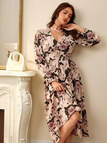 Chiquease Vintage Floral Print V-Neck Puff Sleeve Dress - Multicolor - View 3