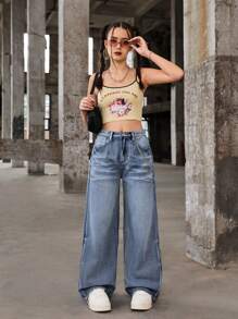 SHEIN Teen Girls Y2k Loose Wide Leg Jeans With Blue Water Ripple Pattern,Summer Street Cool Thin Denim Wide-Leg Pants - Light Wash - View 4