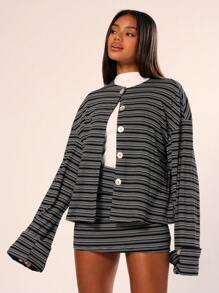 MUSERA Striped Oversized Dropped Shoulder Extreme Long Sleeve Top Vacation Airport Graphic Oversized Top Holiday Back To School Winter Elegant Spring Summer - Black - View 2